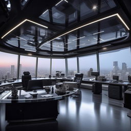 A glass penthouse office in the style of a SWAT commander's office, incorporating elements from the architecture shown in the provided link.