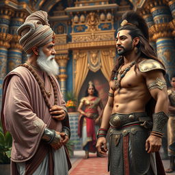 A high-resolution, wide-focused image of an aged man wearing an ornately designed turban and a royal grey-pink robe, complemented by a white dhoti