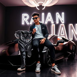 A profile picture featuring a 25-year-old smart boy wearing sunglasses, dressed in a stylish black and white outfit, sitting confidently on a luxurious Lamborghini