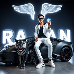 A profile picture featuring a 25-year-old smart boy wearing sunglasses, dressed in a stylish black and white outfit, sitting confidently on a luxurious Lamborghini