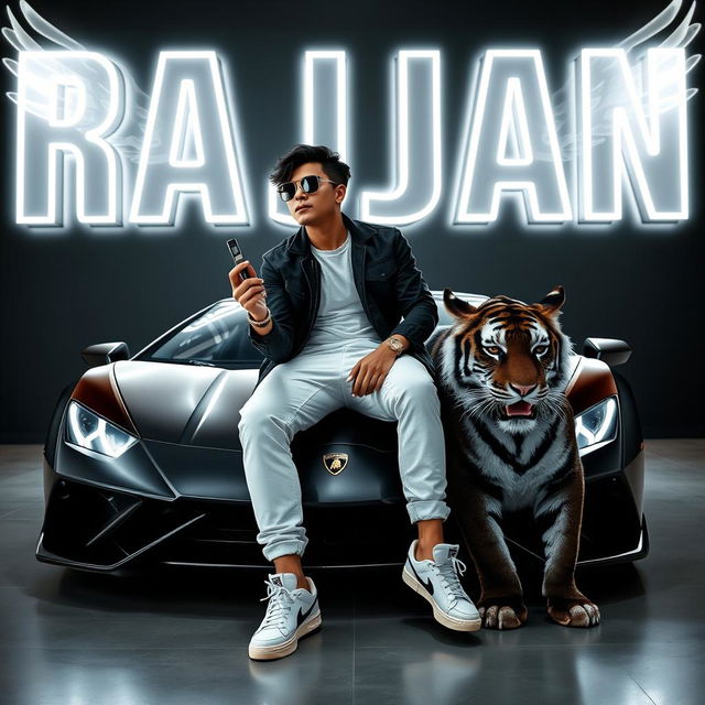 A profile picture featuring a 25-year-old smart boy wearing sunglasses, dressed in a stylish black and white outfit, sitting confidently on a luxurious Lamborghini