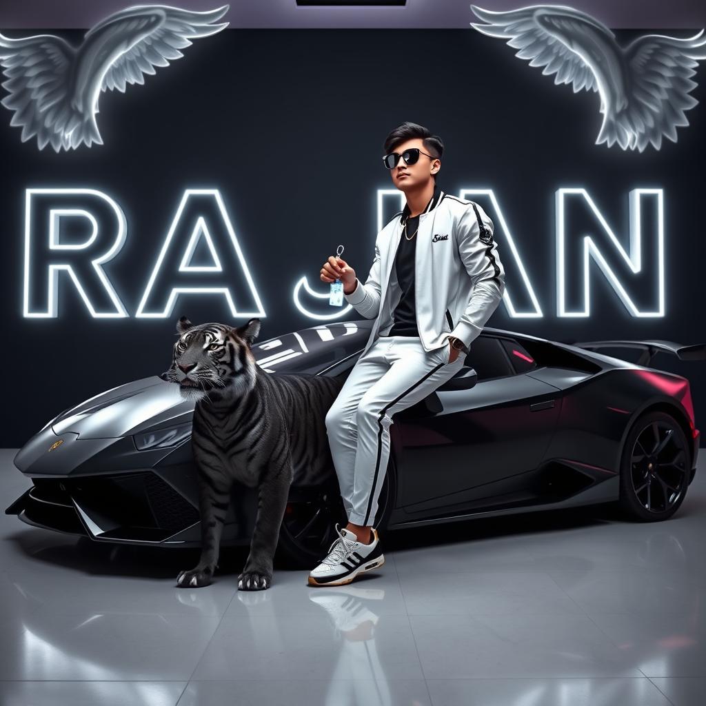 A profile picture featuring a 25-year-old smart boy wearing sunglasses, dressed in a stylish black and white outfit, sitting confidently on a luxurious Lamborghini