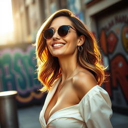 A stunning and alluring woman in a fashionable outfit, confidently posing against an urban backdrop, with vibrant street art in the background