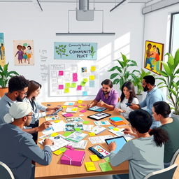 A vibrant and engaging scene depicting an interdisciplinary co-design meeting, where professionals from various fields are collaborating to create intervention materials tailored to community needs