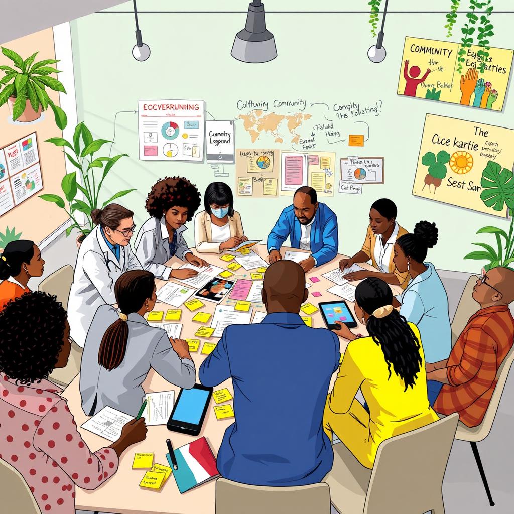 A vibrant and engaging scene depicting an interdisciplinary co-design meeting, where professionals from various fields are collaborating to create intervention materials tailored to community needs