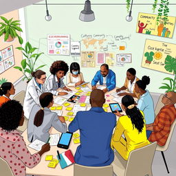 A vibrant and engaging scene depicting an interdisciplinary co-design meeting, where professionals from various fields are collaborating to create intervention materials tailored to community needs