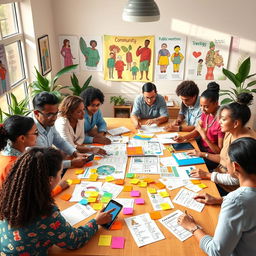 A vibrant and engaging scene depicting an interdisciplinary co-design meeting, where professionals from various fields are collaborating to create intervention materials tailored to community needs