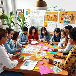 A vibrant and engaging scene depicting an interdisciplinary co-design meeting, where professionals from various fields are collaborating to create intervention materials tailored to community needs