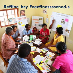 An engaging scene depicting a community feedback session focused on refining Information, Education, and Communication (IEC) materials