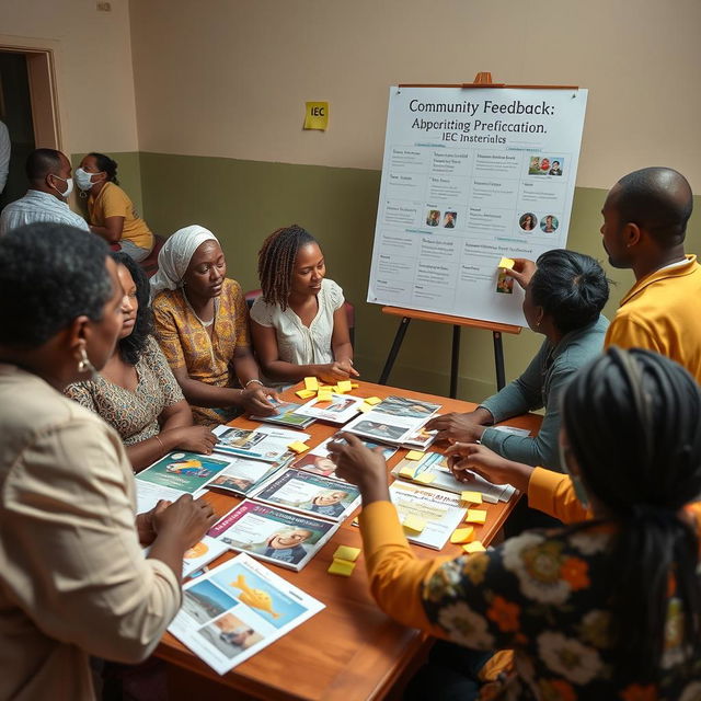 An engaging scene depicting a community feedback session focused on refining Information, Education, and Communication (IEC) materials