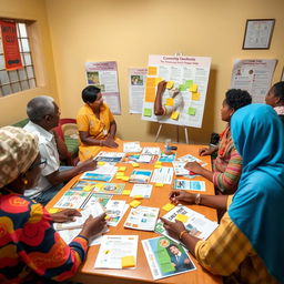 An engaging scene depicting a community feedback session focused on refining Information, Education, and Communication (IEC) materials