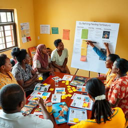 An engaging scene depicting a community feedback session focused on refining Information, Education, and Communication (IEC) materials