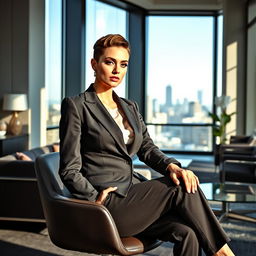 A confident boss lady sitting elegantly in her modern office, wearing a tailored suit that perfectly accentuates her figure