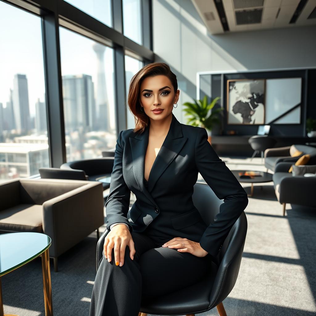 A confident boss lady sitting elegantly in her modern office, wearing a tailored suit that perfectly accentuates her figure