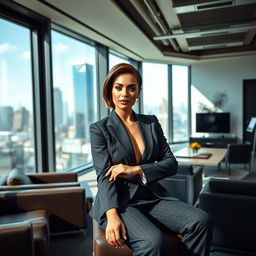 A confident boss lady sitting elegantly in her modern office, wearing a tailored suit that perfectly accentuates her figure
