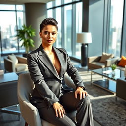 A confident boss lady sitting elegantly in her modern office, wearing a tailored suit that perfectly accentuates her figure