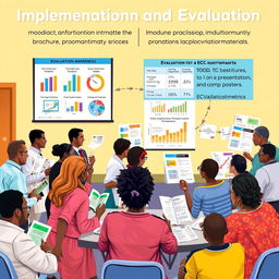 A dynamic scene illustrating the implementation and evaluation phase of modified Information, Education, and Communication (IEC) materials
