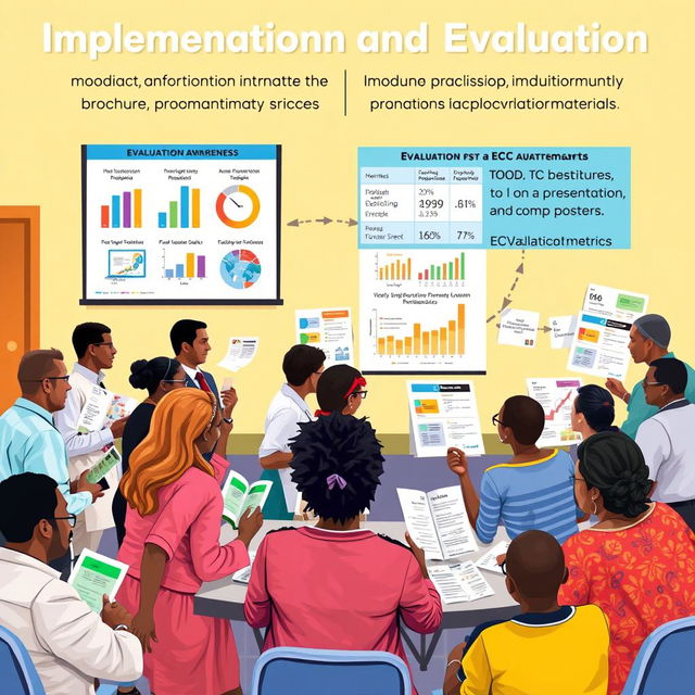 A dynamic scene illustrating the implementation and evaluation phase of modified Information, Education, and Communication (IEC) materials