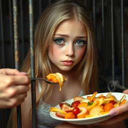 A beautiful 18-year-old girl with long, flowing blonde hair and delicate features, showcasing a thin face with large, expressive eyes adorned with bright frosted pastel blue eye shadow, thick black eyeliner, and voluminous black mascara