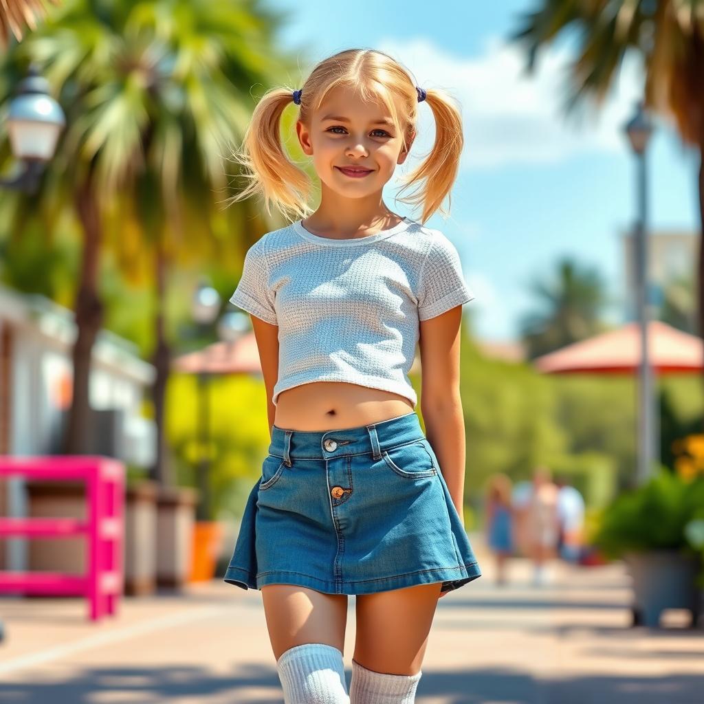 A skinny, cute blonde girl who appears to be 18 years old, with playful pigtails