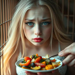 A stunning 18-year-old girl with long, flowing blonde hair and a delicate, thin face, exhibiting large, soft features with bright frosted pastel blue eye shadow, thick black eyeliner, and dramatic eyelashes