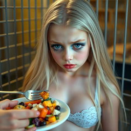 A stunning 18-year-old girl with long, flowing blonde hair and a delicate, thin face, exhibiting large, soft features with bright frosted pastel blue eye shadow, thick black eyeliner, and dramatic eyelashes