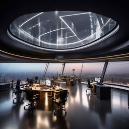 A glass penthouse office designed like a SWAT control room, using architectural inspiration from the building shown in the linked website