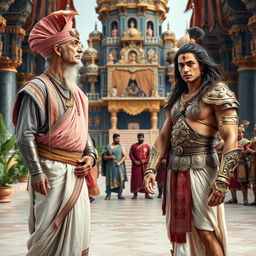 A high-resolution, wide image of an aged man adorned in an ornately designed turban and a royal grey-pink robe, paired with a white dhoti