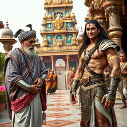 A high-resolution, wide image of an aged man adorned in an ornately designed turban and a royal grey-pink robe, paired with a white dhoti