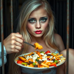 A stunning 19-year-old girl with long, flowing blonde hair and a delicate thin face, characterized by large, expressive eyes beautifully highlighted with bright frosted pastel blue eye shadow, thick black eyeliner, and dramatic mascara