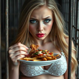 A beautiful 19-year-old girl with long, flowing blonde hair and a delicate thin face, featuring very bright makeup
