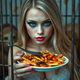A beautiful 19-year-old girl with long, flowing blonde hair and a delicate thin face, featuring very bright makeup
