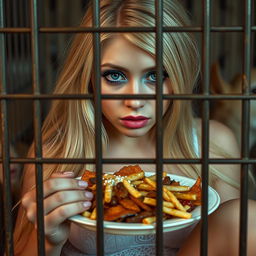 A beautiful 19-year-old girl with long, flowing blonde hair and a delicate thin face, featuring very bright makeup