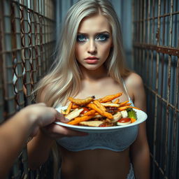 A beautiful 19-year-old girl with long, flowing blonde hair and a delicate thin face, adorned with very bright makeup