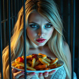 A beautiful 19-year-old girl with long, flowing blonde hair and a delicate thin face, adorned with very bright makeup