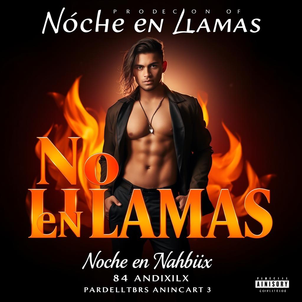 A captivating and seductive poster for an erotic Trap song titled "Noche en Llamas" by artist "xXFabiXx" and produced by "84 Syndicate"