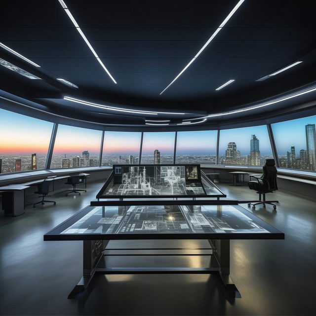 A glass penthouse office designed like a SWAT control room, using architectural inspiration from the building shown in the linked website