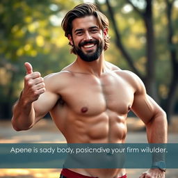 A confident, muscular man standing proudly with an assertive pose, showcasing his physique in a tasteful manner