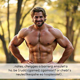 A confident, muscular man standing proudly with an assertive pose, showcasing his physique in a tasteful manner