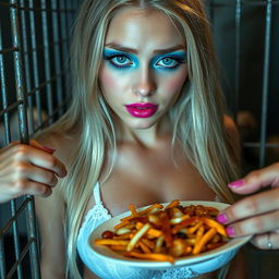 A beautiful 19-year-old girl with long, flowing blonde hair and a delicate thin face, showcasing vibrant and bright makeup