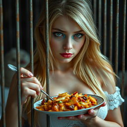 A beautiful 19-year-old girl with long, flowing blonde hair and a delicate thin face, showcasing vibrant and bright makeup