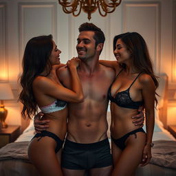 An intimate scene featuring a passionate threesome between two attractive women and one handsome man
