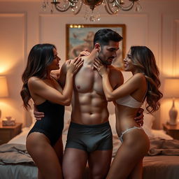 An intimate scene featuring a passionate threesome between two attractive women and one handsome man
