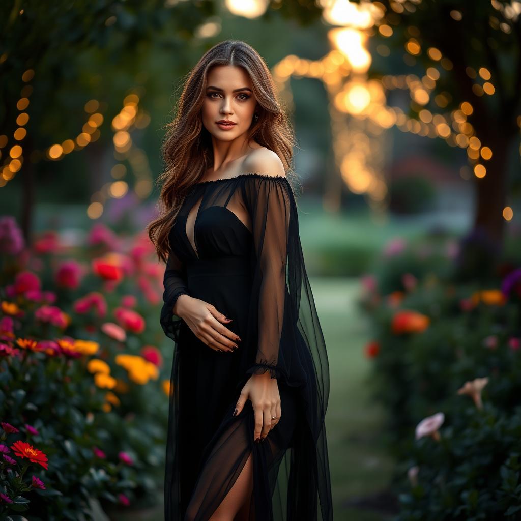 A sensual and captivating image of an elegant woman in a flowing, sheer black dress, standing in a lush garden at twilight