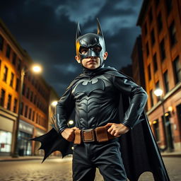 A dynamic scene portraying a young boy experiencing a dramatic transformation into Batman