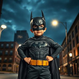 A dynamic scene portraying a young boy experiencing a dramatic transformation into Batman