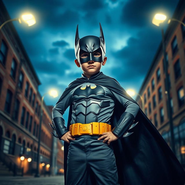 A dynamic scene portraying a young boy experiencing a dramatic transformation into Batman