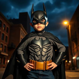 A dynamic scene portraying a young boy experiencing a dramatic transformation into Batman