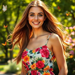 A beautiful portrait of a young woman with long flowing hair, wearing a stylish summer dress in a vibrant floral pattern
