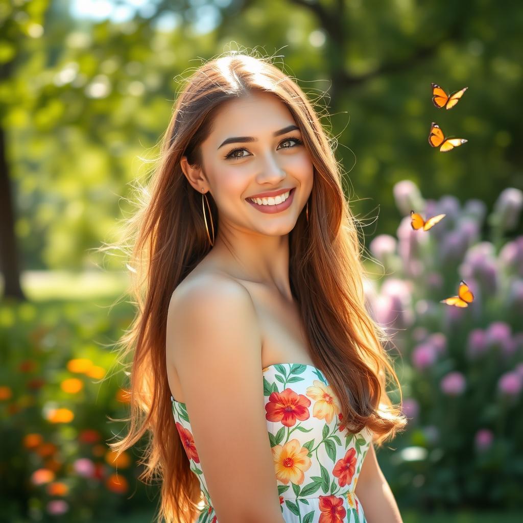 A beautiful portrait of a young woman with long flowing hair, wearing a stylish summer dress in a vibrant floral pattern